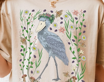 Floral Shoebill Stork Shirt Funny Meme Gift for Bird Lovers Whimsical Pressed Flowers