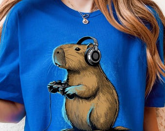 Gaming Capybara Shirt Funny Video Games Animal Gamer Gifts for Kids and Adults