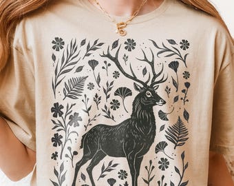 Stag Linocut Shirt Woodland Whimsy Folk Art T-Shirt Cottagecore Clothing Lino Print Tee