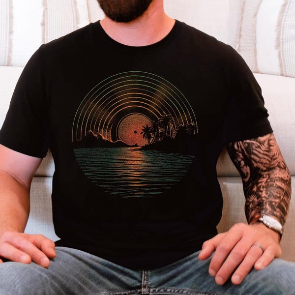 Maglietta con stampa di un disco in vinile al tramonto in stile retrò, ideale come regalo per il marito.
