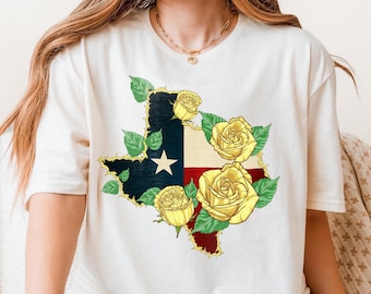 Chemise jaune roses du Texas T-shirt patriotique fleur du Texas drôle cow-girl occidentale