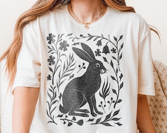 Hare Linocut Shirt Witchy Woodland Flowers Forest T-Shirt Lino Print Garden Gift for Gardner