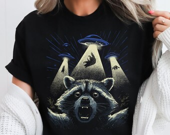 Funny Raccoon Shirt Alien Abduction Supernatural Shirt Unhinged Meme Trash Panda UFO Shirts