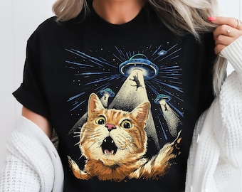 Lustiges Katzen Selfie UFO Shirt Katze Alien Entführung Meme T-Shirt Beam Me Up