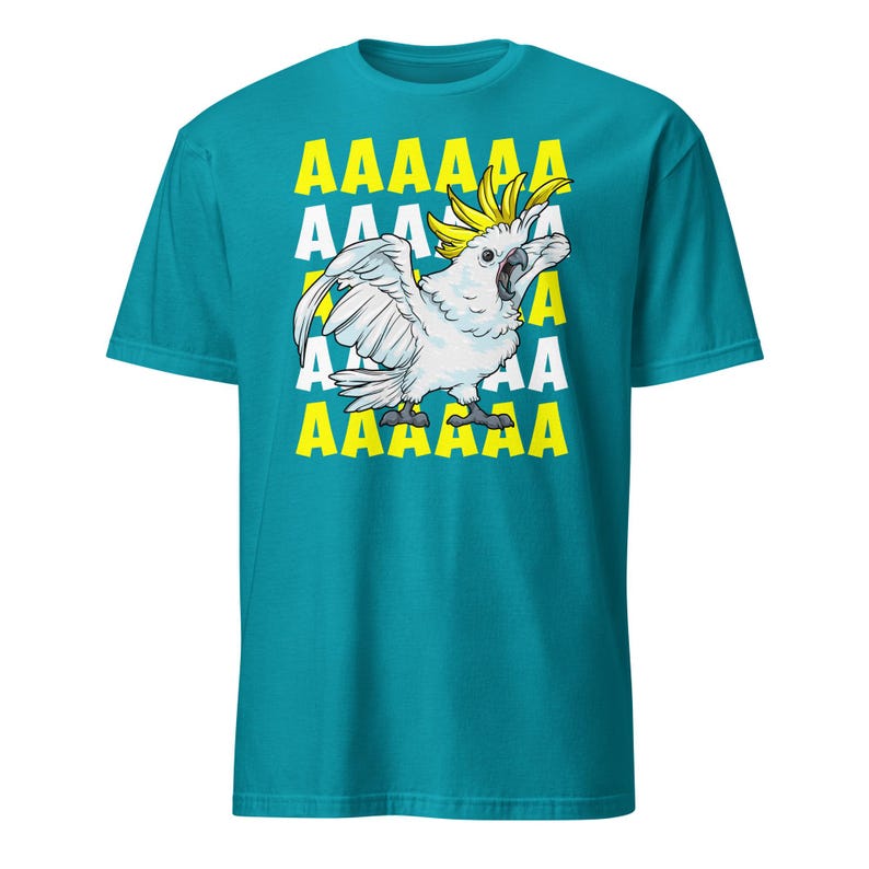 Vibrant red T-shirt featuring a cartoon sulfur-crested cockatoo screaming with its wings spread against a background of repeating "AAAAAA" text, ideal for bird owners, parrot lovers, and fans of chaotic, loud-humor graphic apparel.