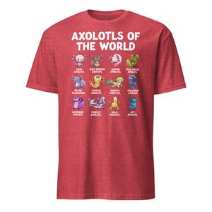 Axolotl shirt on a dark navy kids' tee: 'Axolotls of the World' with 15 colorful axolotl icons and captions.