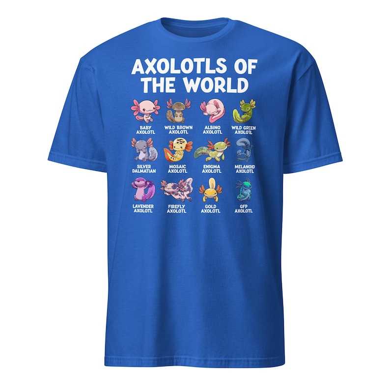 Axolotl shirt on a dark navy kids' tee: 'Axolotls of the World' with 15 colorful axolotl icons and captions.