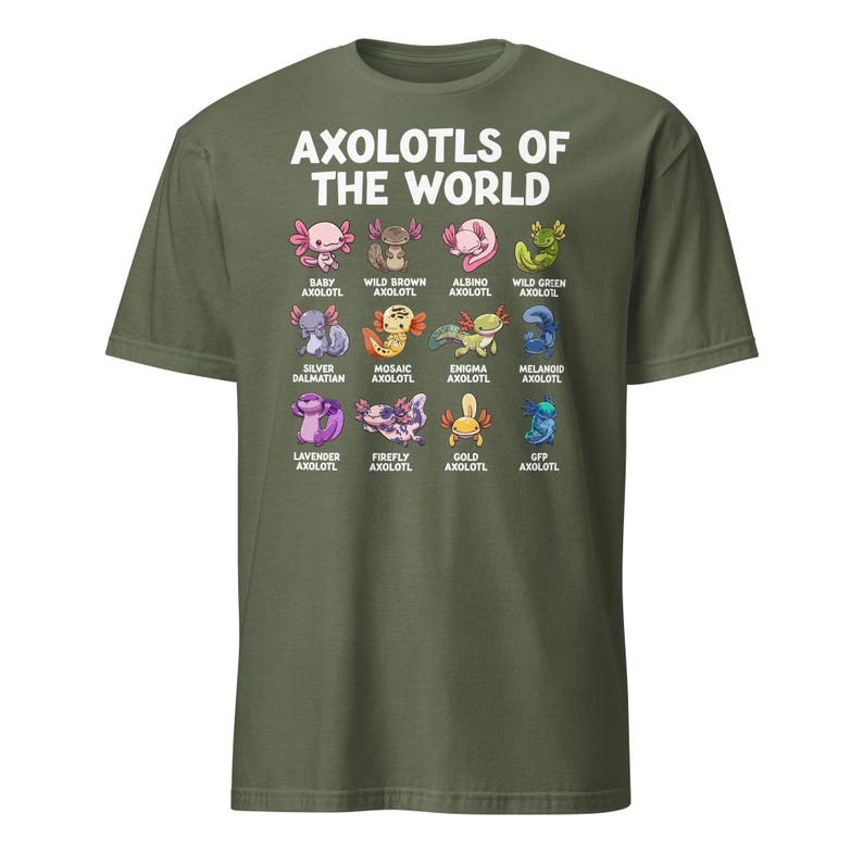 Axolotl shirt on a dark navy kids' tee: 'Axolotls of the World' with 15 colorful axolotl icons and captions.