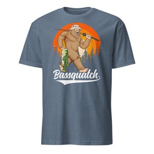 Bass Bigfoot Shirt Funny Fishing Sasquatch Shirt Bassquatch Monster Hunter Cryptid Gift Heather Indigo