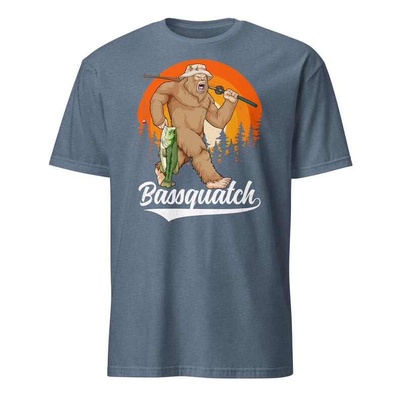Bass Bigfoot Shirt Funny Fishing Sasquatch Shirt Bassquatch Monster Hunter Cryptid Gift Heather Indigo