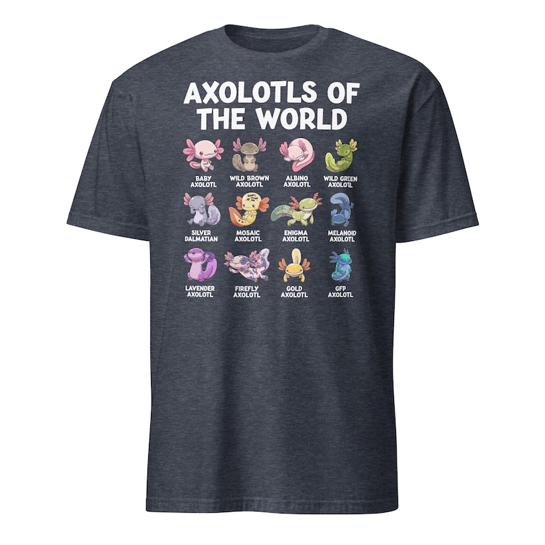 Axolotl shirt on a dark navy kids' tee: 'Axolotls of the World' with 15 colorful axolotl icons and captions.