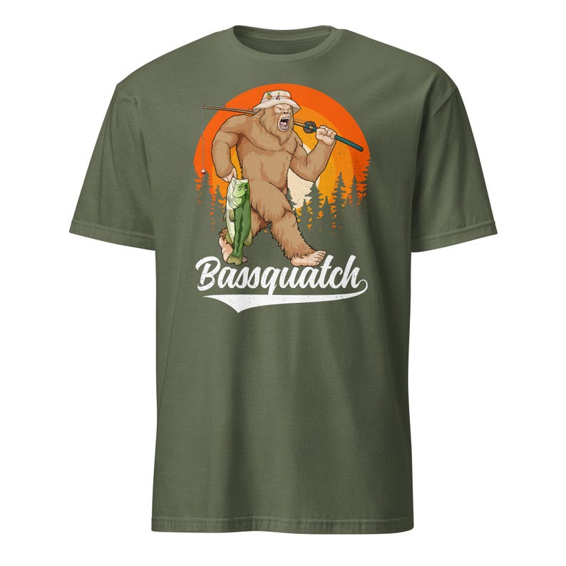 Bass Bigfoot Shirt Funny Fishing Sasquatch Shirt Bassquatch Monster Hunter Cryptid Gift Military Green