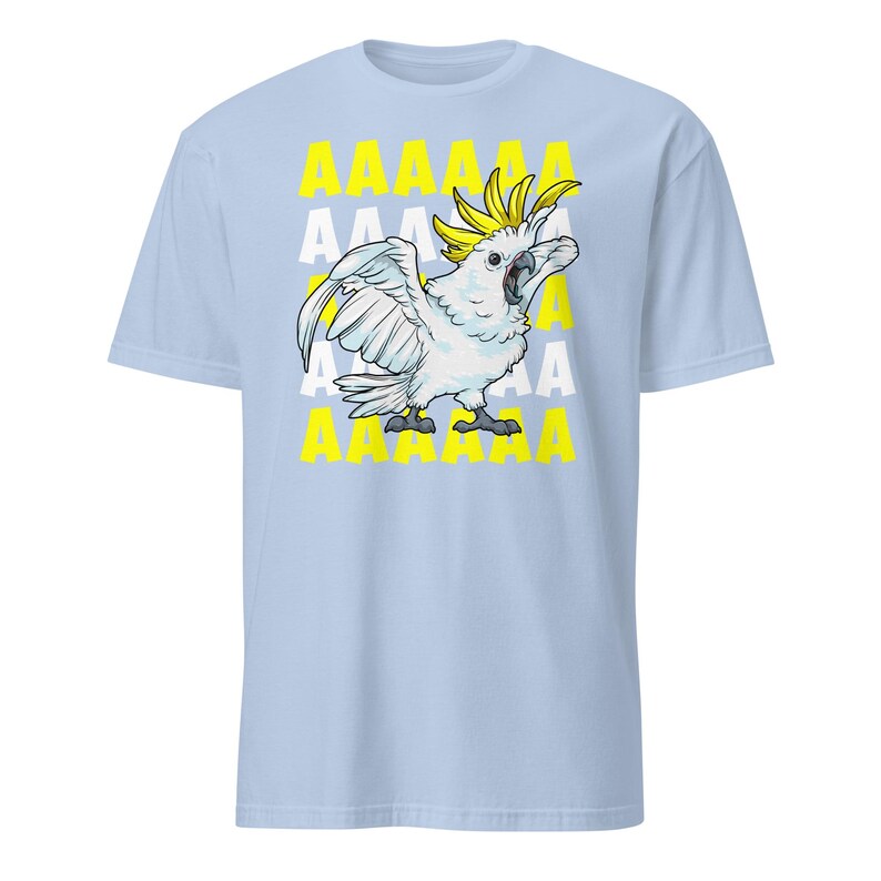 Vibrant red T-shirt featuring a cartoon sulfur-crested cockatoo screaming with its wings spread against a background of repeating "AAAAAA" text, ideal for bird owners, parrot lovers, and fans of chaotic, loud-humor graphic apparel.