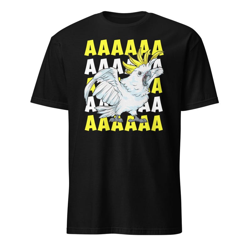 Vibrant red T-shirt featuring a cartoon sulfur-crested cockatoo screaming with its wings spread against a background of repeating "AAAAAA" text, ideal for bird owners, parrot lovers, and fans of chaotic, loud-humor graphic apparel.