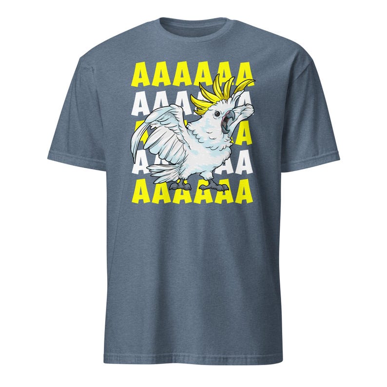 Vibrant red T-shirt featuring a cartoon sulfur-crested cockatoo screaming with its wings spread against a background of repeating "AAAAAA" text, ideal for bird owners, parrot lovers, and fans of chaotic, loud-humor graphic apparel.