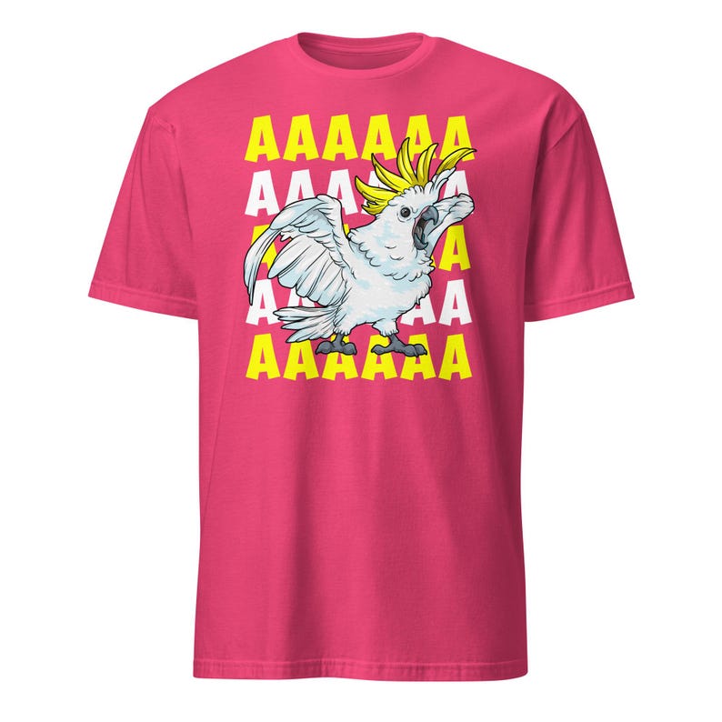 Vibrant red T-shirt featuring a cartoon sulfur-crested cockatoo screaming with its wings spread against a background of repeating "AAAAAA" text, ideal for bird owners, parrot lovers, and fans of chaotic, loud-humor graphic apparel.
