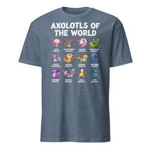 Axolotl shirt on a dark navy kids' tee: 'Axolotls of the World' with 15 colorful axolotl icons and captions.