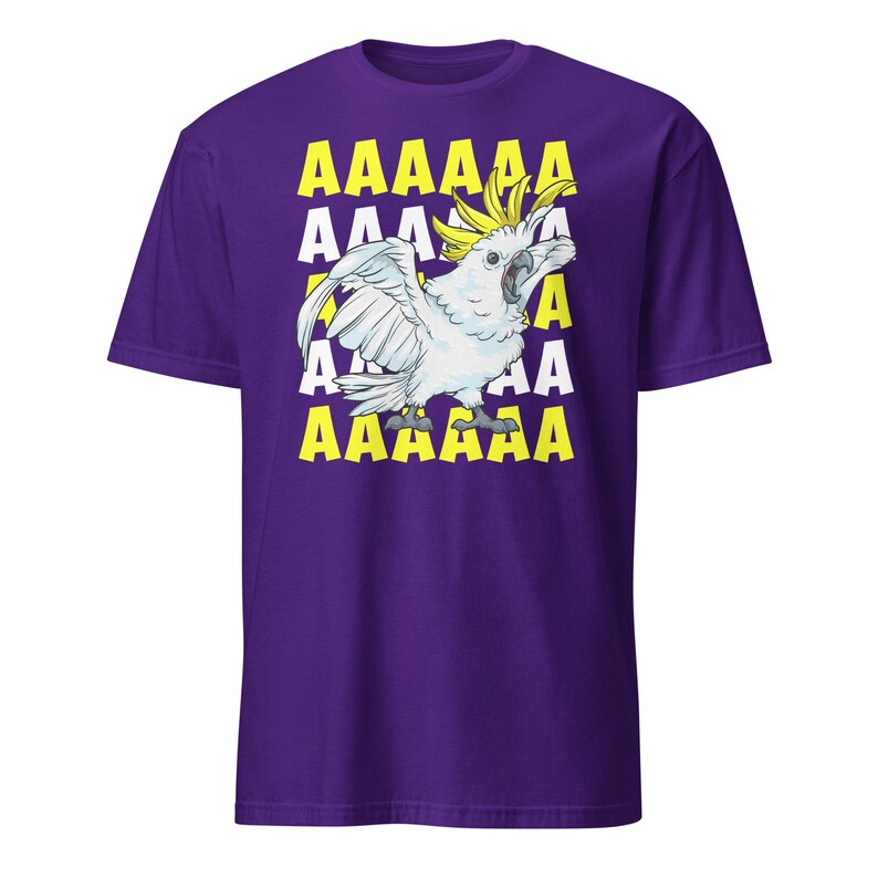 Vibrant red T-shirt featuring a cartoon sulfur-crested cockatoo screaming with its wings spread against a background of repeating "AAAAAA" text, ideal for bird owners, parrot lovers, and fans of chaotic, loud-humor graphic apparel.