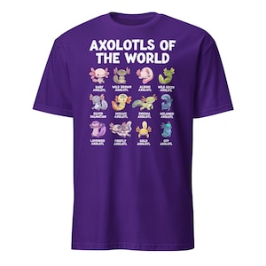 Axolotl shirt on a dark navy kids' tee: 'Axolotls of the World' with 15 colorful axolotl icons and captions.
