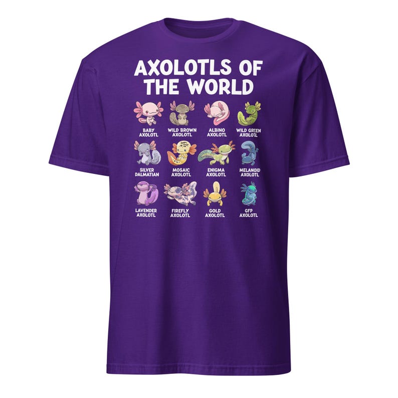 Axolotl shirt on a dark navy kids' tee: 'Axolotls of the World' with 15 colorful axolotl icons and captions.