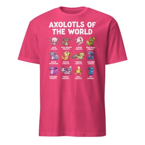 Axolotl shirt on a dark navy kids' tee: 'Axolotls of the World' with 15 colorful axolotl icons and captions.