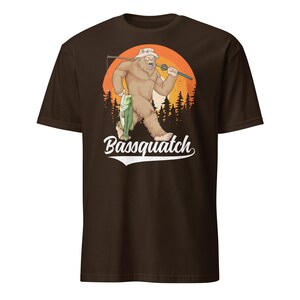 Bass Bigfoot Shirt Funny Fishing Sasquatch Shirt Bassquatch Monster Hunter Cryptid Gift Dark Chocolate