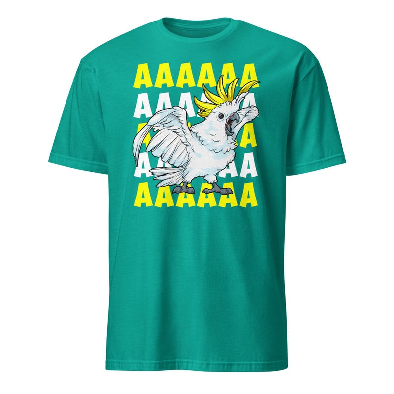 Vibrant red T-shirt featuring a cartoon sulfur-crested cockatoo screaming with its wings spread against a background of repeating "AAAAAA" text, ideal for bird owners, parrot lovers, and fans of chaotic, loud-humor graphic apparel.