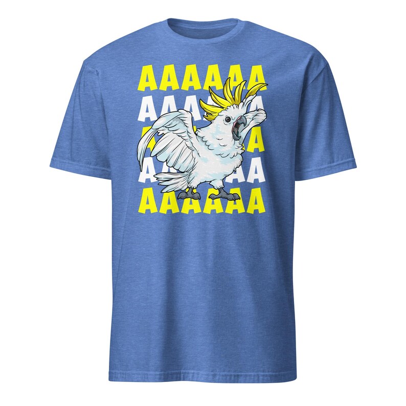 Vibrant red T-shirt featuring a cartoon sulfur-crested cockatoo screaming with its wings spread against a background of repeating "AAAAAA" text, ideal for bird owners, parrot lovers, and fans of chaotic, loud-humor graphic apparel.