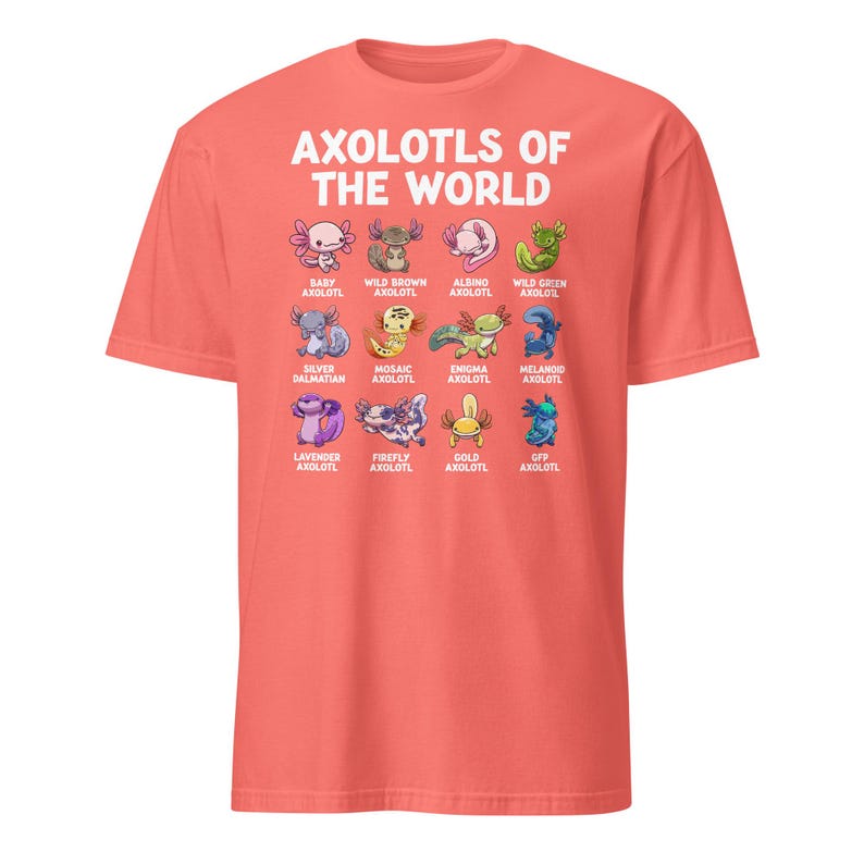 Axolotl shirt on a dark navy kids' tee: 'Axolotls of the World' with 15 colorful axolotl icons and captions.