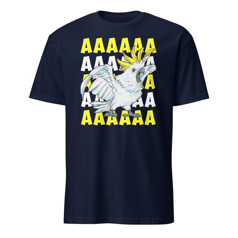 Vibrant red T-shirt featuring a cartoon sulfur-crested cockatoo screaming with its wings spread against a background of repeating "AAAAAA" text, ideal for bird owners, parrot lovers, and fans of chaotic, loud-humor graphic apparel.