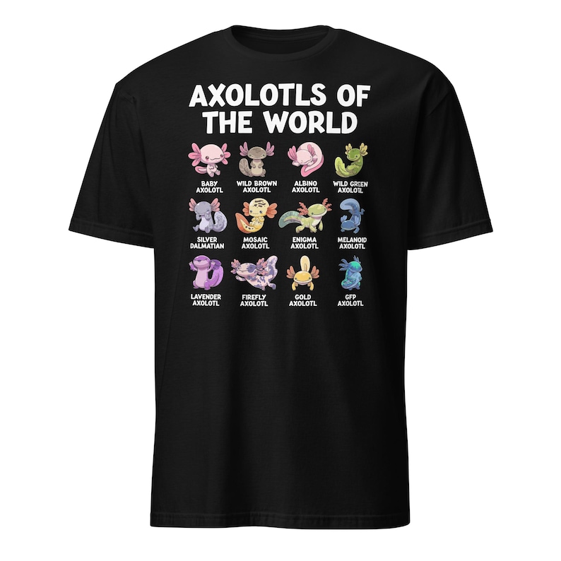 Axolotl shirt on a dark navy kids' tee: 'Axolotls of the World' with 15 colorful axolotl icons and captions.