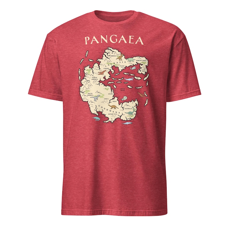 Koszulka z mapą świata Pangea, prezent dla archeologa Pangea, koszulka z globalnym ociepleniem i geologią Heather Red