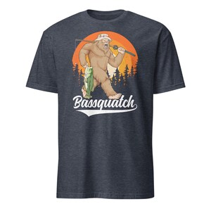 Bass Bigfoot Shirt Funny Fishing Sasquatch Shirt Bassquatch Monster Hunter Cryptid Gift Heather Navy