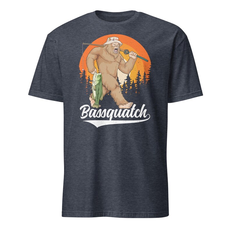 Bass Bigfoot Shirt Funny Fishing Sasquatch Shirt Bassquatch Monster Hunter Cryptid Gift Heather Navy