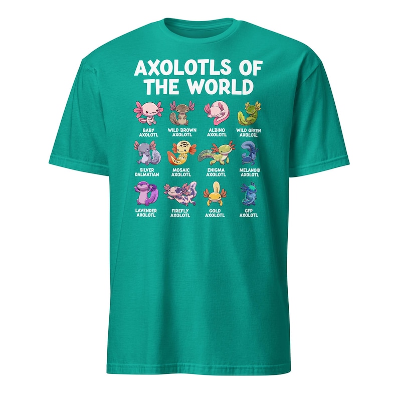 Axolotl shirt on a dark navy kids' tee: 'Axolotls of the World' with 15 colorful axolotl icons and captions.