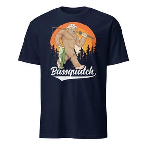 Bass Bigfoot Shirt Funny Fishing Sasquatch Shirt Bassquatch Monster Hunter Cryptid Gift Navy
