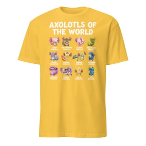 Axolotl shirt on a dark navy kids' tee: 'Axolotls of the World' with 15 colorful axolotl icons and captions.