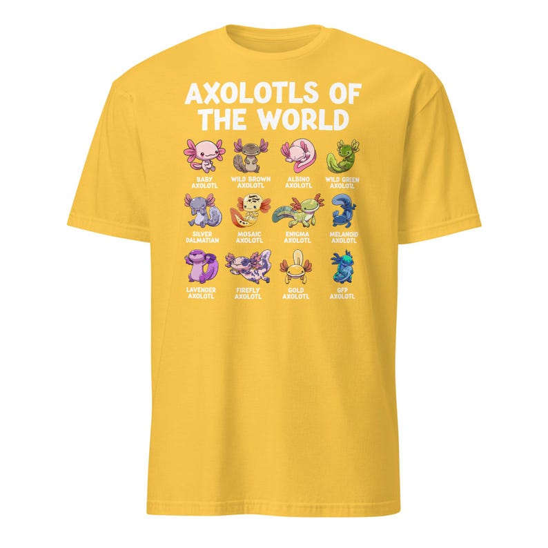 Axolotl shirt on a dark navy kids' tee: 'Axolotls of the World' with 15 colorful axolotl icons and captions.