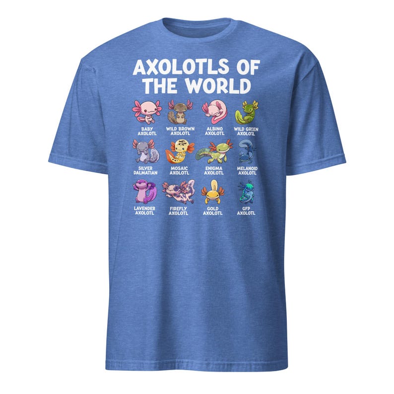 Axolotl shirt on a dark navy kids' tee: 'Axolotls of the World' with 15 colorful axolotl icons and captions.