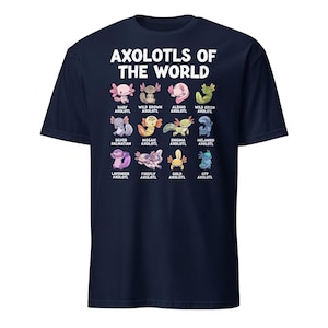 Axolotl shirt on a dark navy kids' tee: 'Axolotls of the World' with 15 colorful axolotl icons and captions.