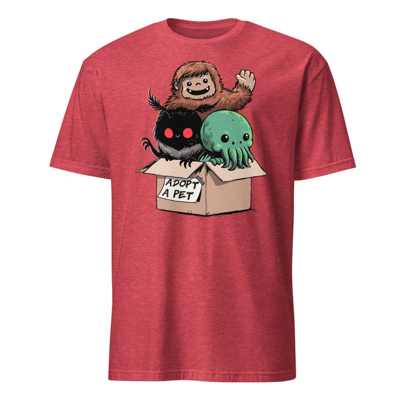 Adopt a Cryptid Shirt Funny Bigfoot Gifts for Monster Hunter Weird Stuff Folk Horror Shirt Heather Red
