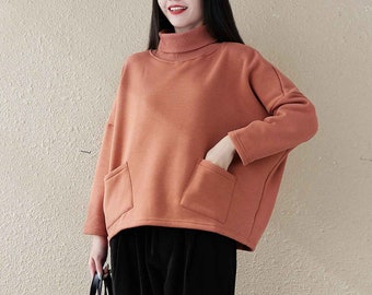 Winter Warm Sweatershirt For Women, Pink Women's Top With Pocket, Mirco Velvet Loose Blouse, Winter Fleece, Long Sleeve Women Coat