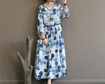 Azul casual algodón lino otoño China estilo vestidos largos para las mujeres regalo