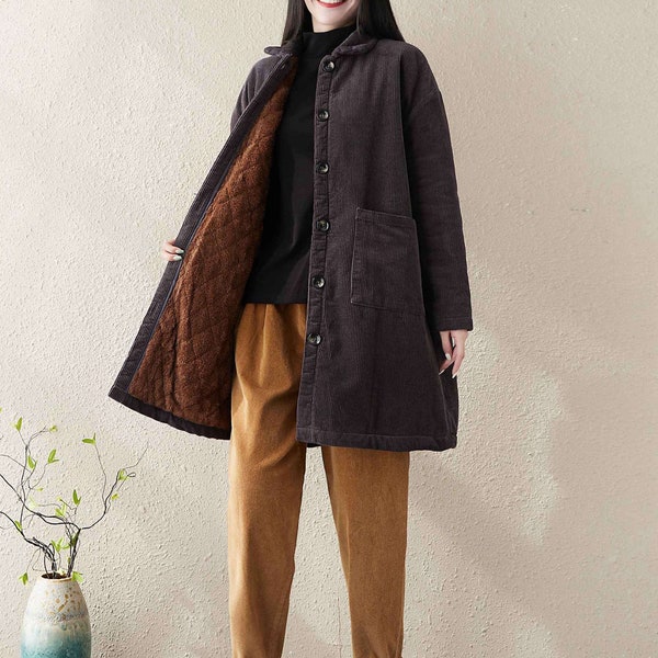 Vintage Winter Coat, Black Winter Thick Corduroy Long Coat, Mid-length Large Size Warm Jacket, Winter Cotton Coats, Christmas Gifts