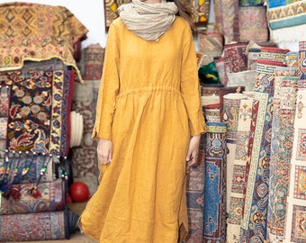 Fall Yellow  Linen Long Dresses For Women Mother's Gifts