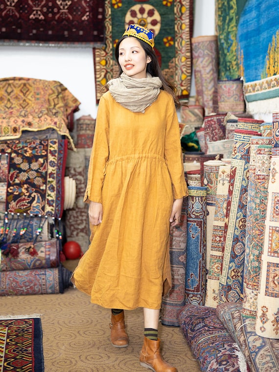 dresses in yellow for fall Minimalist Yellow Linen DressFor Women, Midi Dress, Petite Cocktail Frock, Fall Style, Linen Clothing, Oversize Dress, Washed Linen Dress