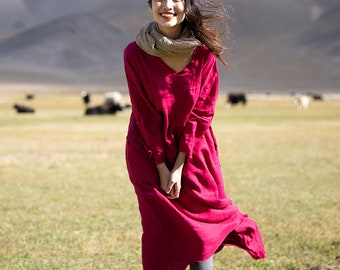 Fall Rose Red V-neck Linen Long Dresses For Women Mother's Gifts