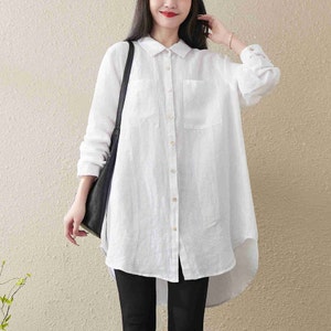 Linen Women Shirt, White Casual Loose Blouse, Linen Top With Pocket, Oversize Style Linen Shirt Plus Size Shirt