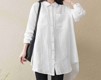 Leinen Damen Shirt, Weiße lässige lockere Bluse, Leinen Top mit Tasche, Oversize Style Leinen Shirt Plus Size Shirt