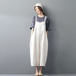 Linen Jumpsuit For Women Causal Overalls Wide Leg Pants Washed Beige linen overall Linen Romper